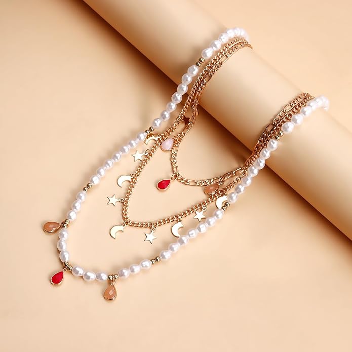 Layered Beaded Paperclip Chain Faux Pearl Star Moon Charm Colorful Boho Necklace for Women Alloy Crystal Long Draped Pendant Two Styles Gold Tone