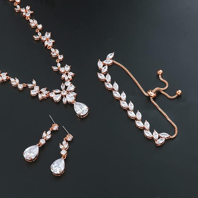 Bridal Wedding Jewelry CZ Set Marquise Teardrop Cubic Zirconia Pendant Necklace and Dangle Earring Bracelet Sets for Women