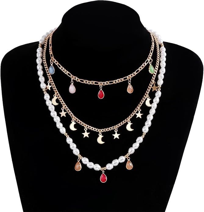 Layered Beaded Paperclip Chain Faux Pearl Star Moon Charm Colorful Boho Necklace for Women Alloy Crystal Long Draped Pendant Two Styles Gold Tone