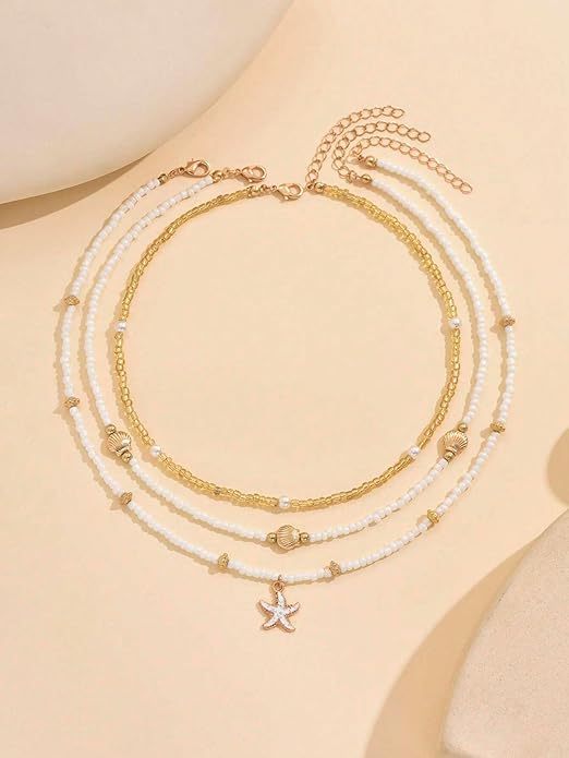 Women's Shell Starfish Boho Layered Beaded Necklace Choker for Summer Beach Vacation Gifts for Birthday/Anniversary/Christmas