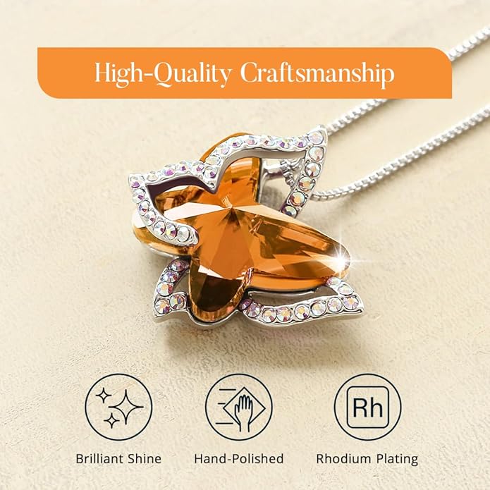 Valentine's Day Gift Butterfly Birthstone Crystal Necklace, Silver Tone with 18”+2” Chain, Necklace for Mother’s Day Anniversary Birthday Gifts for Women and Daughter