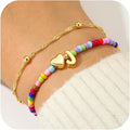 Ursteel Valentines Day Gifts for Kids Teen Girls - 14K Gold Plated Beaded Letter A-Z Bracelet, Layered Stretch Initial Bracelets, Women Trendy Bohemian Jewelry Birthday Gifts