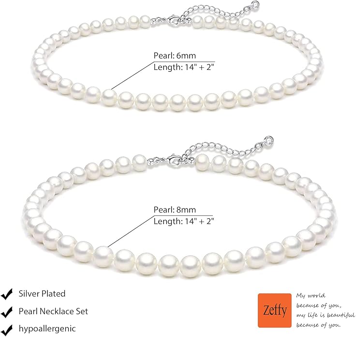 Zeffy Pearl Necklace 4MM/6MM/8MM Dainty Round Imitation Pearl Choker Necklace Wedding Pearl Necklace Delicate Jewelry for Women Simple Bridesmaid Jewelry Gifts