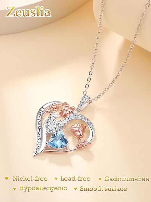 Valentine's Day Gifts for Wife 925 Sterling Silver Double Birthstone Pendant Necklaces I Love You for Always and Forever Necklace Anniversary Birthday Gifts for Wife Girlfriend Mom Her
