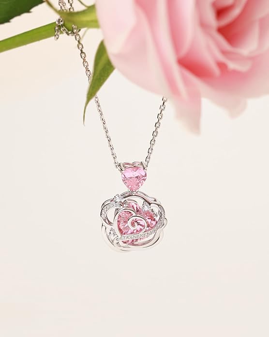 FANCIME Thornless Pulse Heart Birthstone Necklace for Women Sterling Silver Rose Pendant Fine Jewelry Gemstone Birthday Valentines Day Gifts for Wife Her