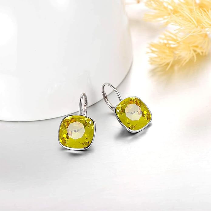 AOBOCO Sterling Silver Leverback Earrings Embellished with Crystals from Austria, Hypoallergenic Cushion Cut Square Crystal Earrings, Fine Anniversary Birthday Jewelry Gifts for Women