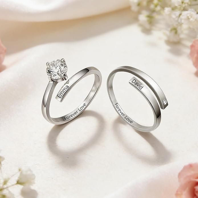 Personalized Couple Rings Engraved with Names - Adjustable Matching Promise Rings Set with Cubic Zirconia, Romantic Gift for Her/Him, Wedding, Anniversary, Valentine's Day (No Size Worry)