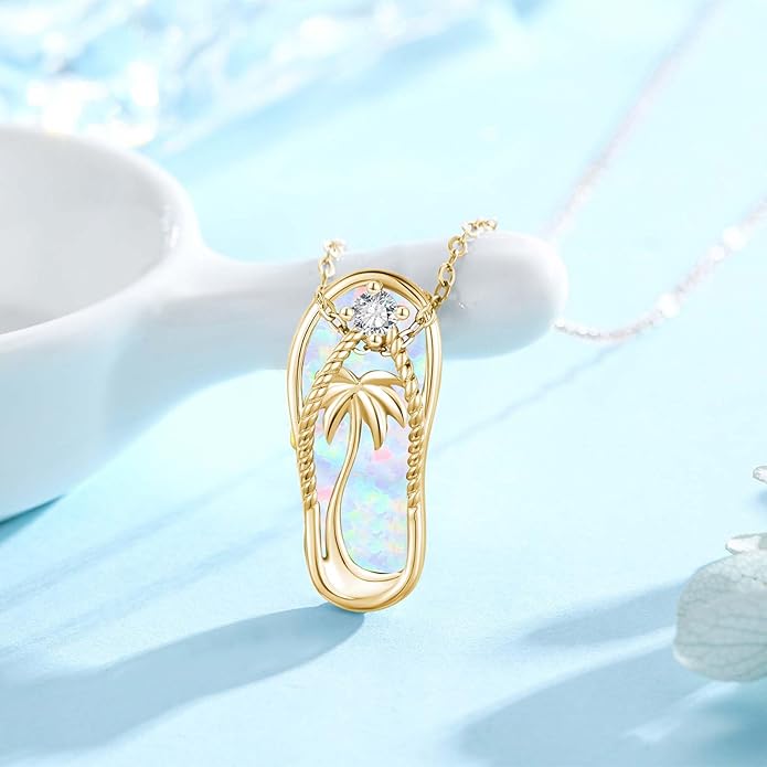 Midir&Etain Ocean Necklace 925 Sterling Silver Blue Opal Necklace Starfish/Flip Flop/Shark Pendant Beach Ocean Jewelry for Women