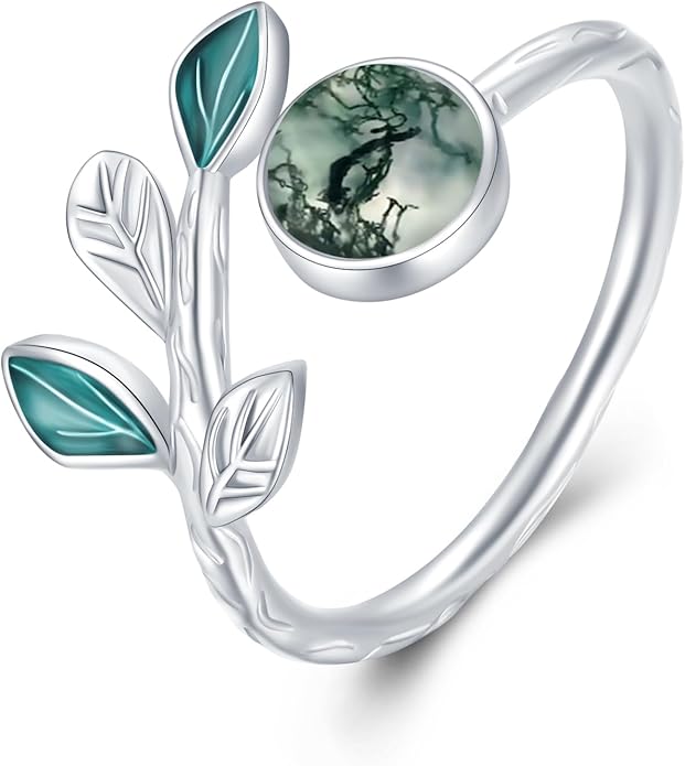 CUOKA MIRACLE Leaf Moss Agate Ring S925 Sterling Silver Moss Agate Rings For Women Engagement Adjustable Rings Leaf Moss Agate's Jewelry Gifts For Women Mother's Day Jewelry Gifts