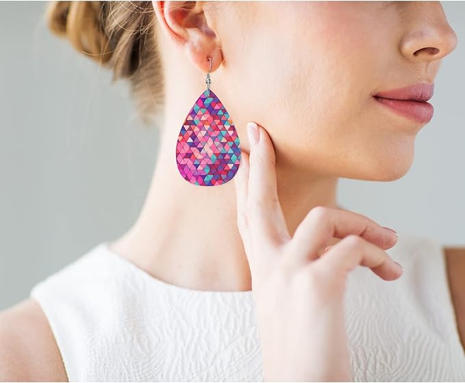 Geometric Pattern Woman Earrings, Abstract Fashionable Bright Colors Triangle Lightweight Leather Dangle Teardrop Earrings Jewelry For Ladies Friends