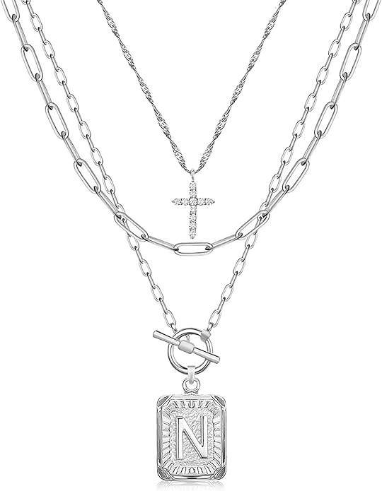MJartoria Layered Initial Necklaces for Women Trendy, 14K Gold Plated Brass Simple Dainty Cross Choker Square Letter Pendant Necklace, Paperclip Chain Necklaces Jewelry