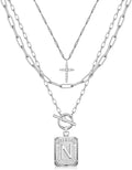 MJartoria Layered Initial Necklaces for Women Trendy, 14K Gold Plated Brass Simple Dainty Cross Choker Square Letter Pendant Necklace, Paperclip Chain Necklaces Jewelry