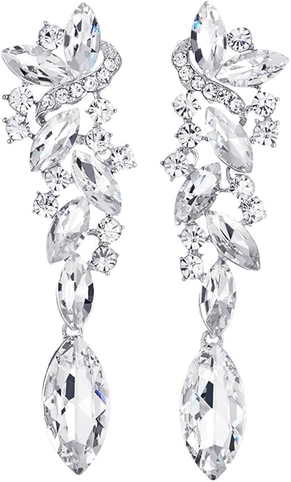 Art Deco Wedding Bridal Party Rhinestone Marquise Cluster Chandelier Long Dangle Statement Earrings