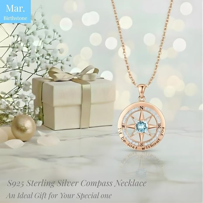 Compass Necklace for Women Wife Girlfriend Mom Daughter Gifts S925 Sterling Silver Jewelry For Anniversary Rose Gold Gifts For Birthday Christmas Mothers Valentines Day 12 Birthstones