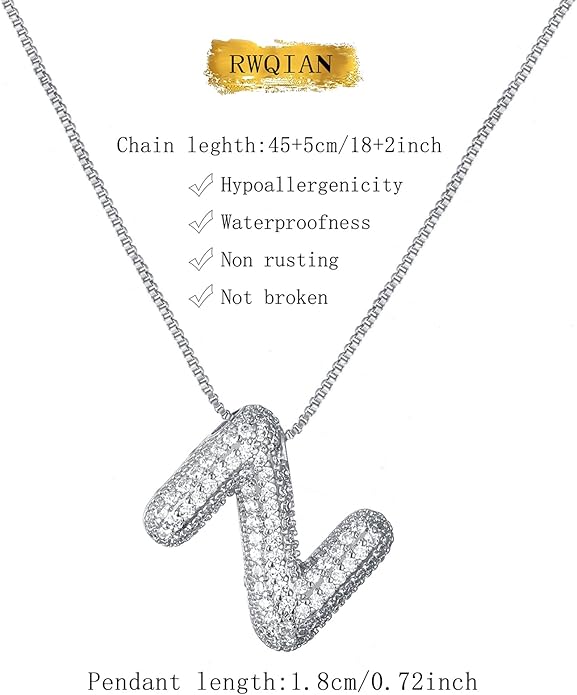 RWQIAN Letter Necklace for Women Bubble, Chunky Initial Alphabet A-Z Pendant Puffy Name Personalized Necklace Dainty Zircon CZ Fashion Jewelry Gifts for Girls Girlfriend