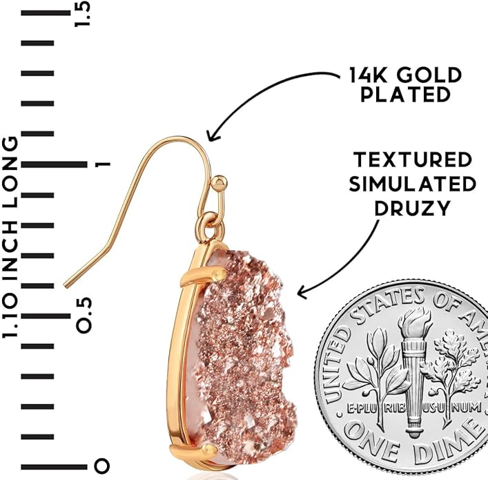 Teardrop Dangle Earrings for Women with Simulated Druzy Stones in Gold or Silver Tone