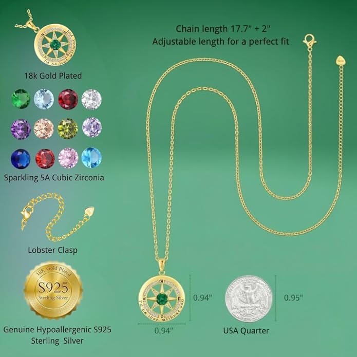 Compass Necklace for Women Wife Girlfriend Mom Daughter Gifts S925 Sterling Silver Jewelry For Anniversary Rose Gold Gifts For Birthday Christmas Mothers Valentines Day 12 Birthstones