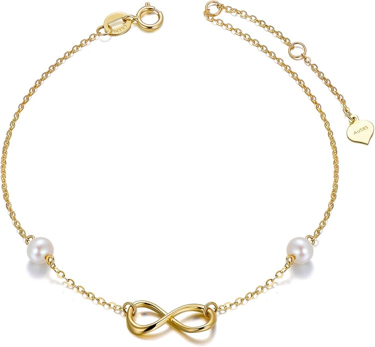 SISGEM 14k Gold Infinity Anklets for Women, Real Pearl Love Knot Ankle Bracelet Jewelry Gifts for Her, 8.6-10.2 Inch