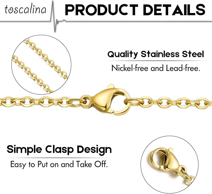 20 Pack Necklace Chains Gold Plated Stainless Steel Cable Chain Necklace Bulk for Jewelry Making, 16 Inches