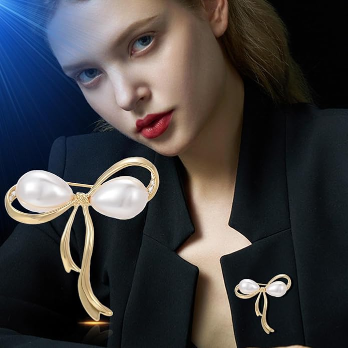 Bow Knot Pin Rhinestone Crystal Pearl Brooch 18k Gold Plated Lapel Pin Birthday Jewelry Gift for Women Men
