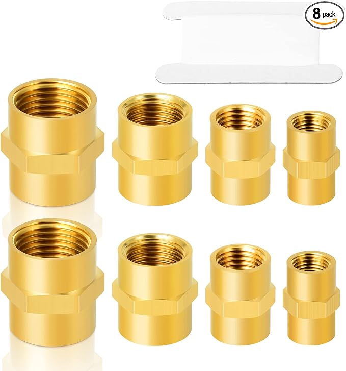 GASHER 8PCS Brass Pipe Fitting Hex Coupling Kit 1/8 inch 1/4 inch 3/8 inch 1/2 by GASHER
