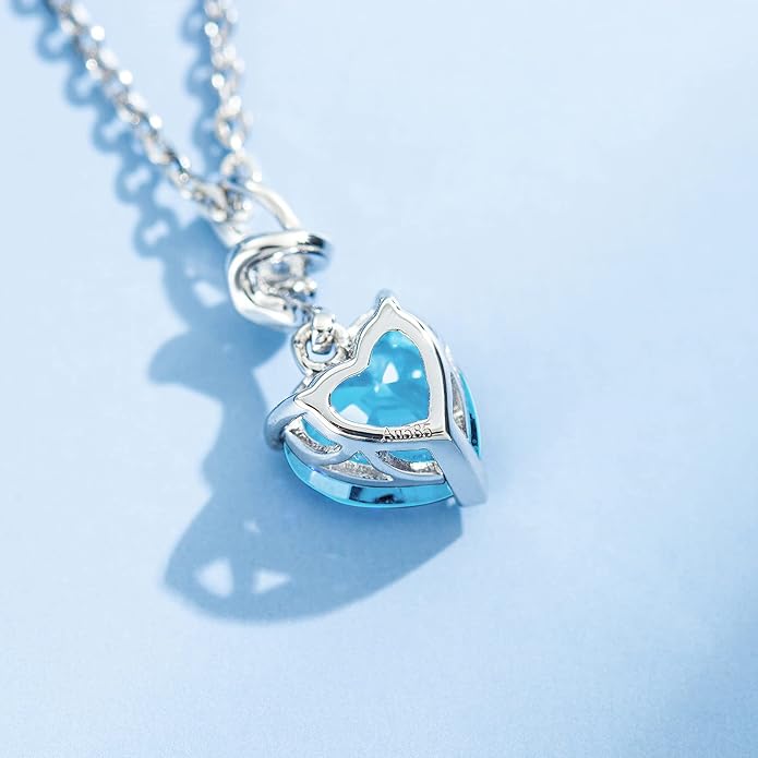AGVANA Valentines Day Gifts 14K Solid White Gold Diamond Gemstone Pendant with Sterling Silver Chain 8mm Heart Birthstone Necklace Fine Jewelry Anniversary Birthday Gifts for Women Mom Wife
