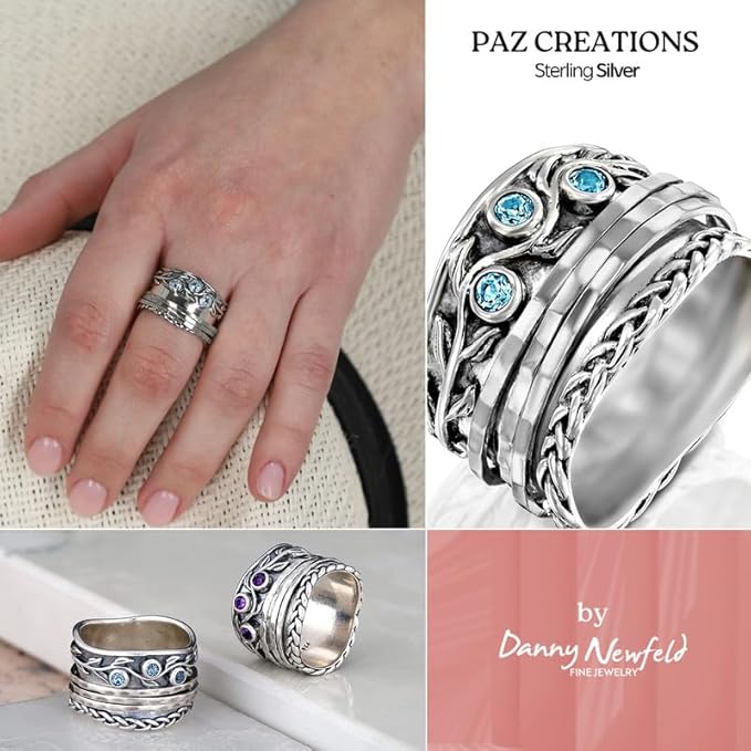 Paz Creations 925 Sterling Silver Spinner Rings for Women With Natural Gemstones - Hammered Pattern Thick Band - Handcrafted Artisan Jewelry - Fidget Rings - Gift For Her