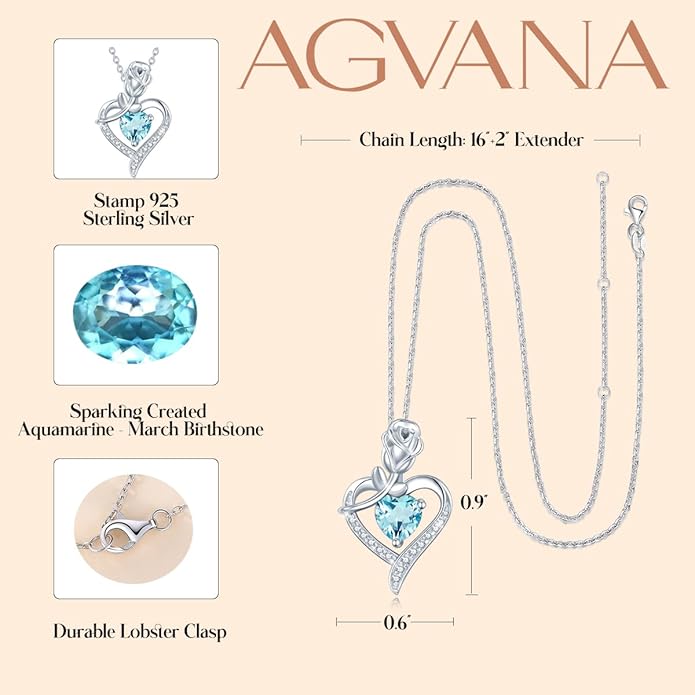 AGVANA Valentines Day Gifts Rosy Reverie Birthstone Necklace for Women Sterling Silver Genuine or Created Gemstone Rose Flower Heart Pendant Necklace Anniversary Birthday Gifts for Women Mom Wife Her