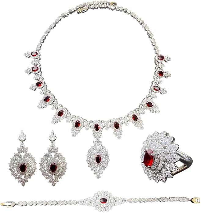 Rhinestone Wedding Bridal Jewelry Set Women's Prom-Style Necklace, Earrings, Bracelet, Ring Bridesmaid Gift Pairs with Evening Gown