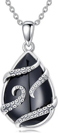 Black Onyx Necklace 925 Sterling Silver Flower Insect Pendant Teardrop Onyx Jewelry Valentines Day Birthday Gifts for Women