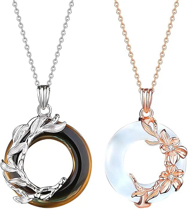2Pcs Couple Matching Necklace for Men Women Vintage Angel and Demon Couple Necklace Sun Moon Star Pendant Necklace Dragon Phoenix Necklace Black White Round Glass Necklace Birthday Valentine's Day Jewelry