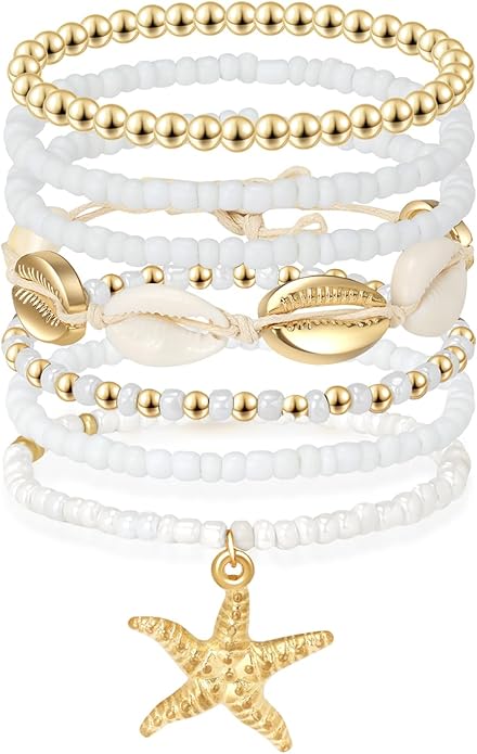 Artlunar Summer Beach Bracelet for Men Women Teens Seashell Starfish Clay Beaded Elastic Stackable Stretch Boho Friendship Bracelets Summer Jewelry Gifts Party Accessories