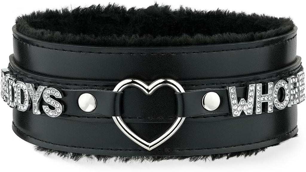 Pink Furry Heart O-ring Leather Choker Collar For Women, Handmade Punk Gothic Letter Necklace Adjustable Fashion Jewelry