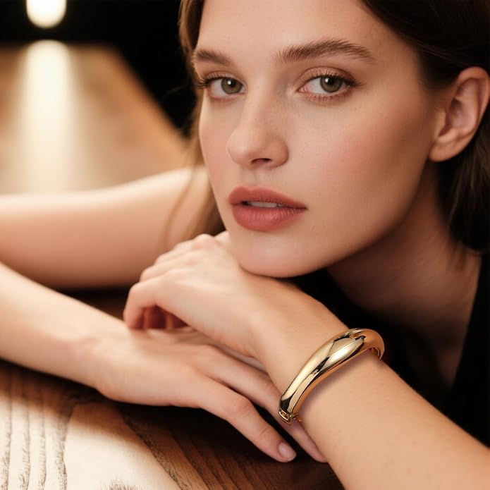 Gold Chunky Bangle Bracelet for Women Adjustable Twist Cuff Design Tarnish-proof Stackable Jewelry Gift