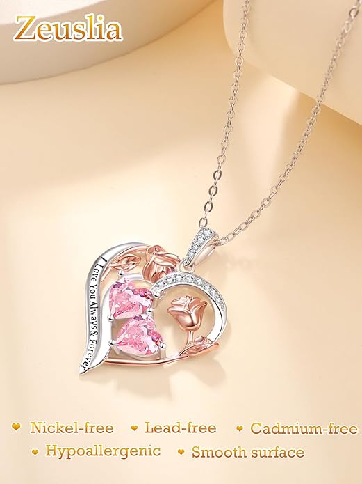Valentine's Day Gifts for Wife 925 Sterling Silver Double Birthstone Pendant Necklaces I Love You for Always and Forever Necklace Anniversary Birthday Gifts for Wife Girlfriend Mom Her
