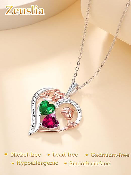 Valentine's Day Gifts for Wife 925 Sterling Silver Double Birthstone Pendant Necklaces I Love You for Always and Forever Necklace Anniversary Birthday Gifts for Wife Girlfriend Mom Her