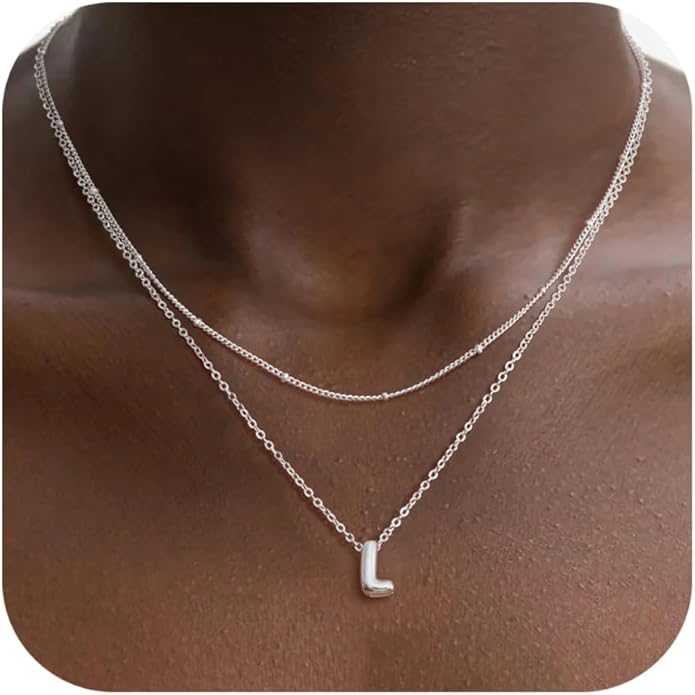 Valentines Day Gifts for Her - Bubble Letter Necklace Layered 14K Gold Plated Initial Necklaces for Women Dainty Cute Choker Pendant Stack Jewelry Fashion Accessories Teen Gift Trendy Stuff