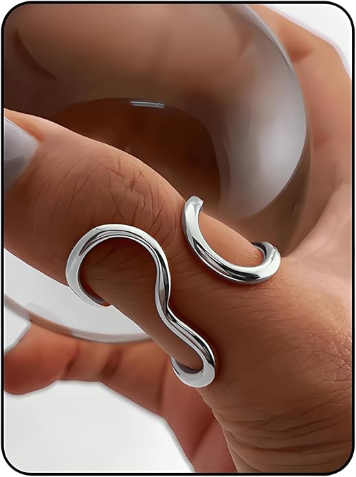 Chunky Rings For Women, Gold Silver Thumb Ring Asymmetrical Wavy Curve Ring Adjustable Non Tarnish Dainty Stainless Steel New Year Anniversary Birthday Jewelry Gift
