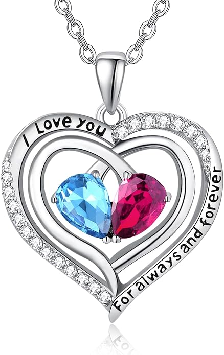 Valentine's Day Gifts for Wife 925 Sterling Silver Double Birthstone Pendant Necklaces I Love You for Always and Forever Necklace Anniversary Birthday Gifts for Wife Girlfriend Mom Her