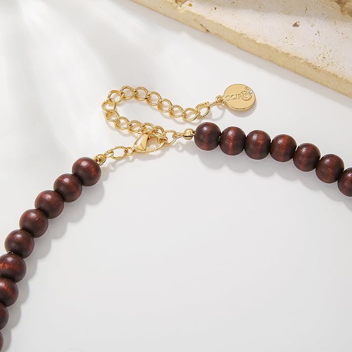 Coiris Layer Chunky Wood Beaded Necklace Exaggerated Statement Bead Collar Necklace Bib Necklaces