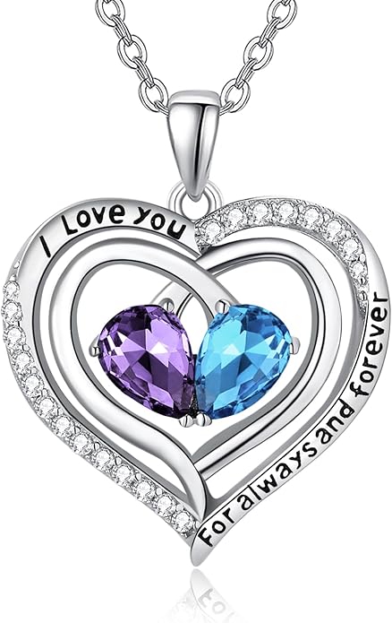 Valentine's Day Gifts for Wife 925 Sterling Silver Double Birthstone Pendant Necklaces I Love You for Always and Forever Necklace Anniversary Birthday Gifts for Wife Girlfriend Mom Her