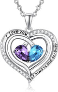 Valentine's Day Gifts for Wife 925 Sterling Silver Double Birthstone Pendant Necklaces I Love You for Always and Forever Necklace Anniversary Birthday Gifts for Wife Girlfriend Mom Her
