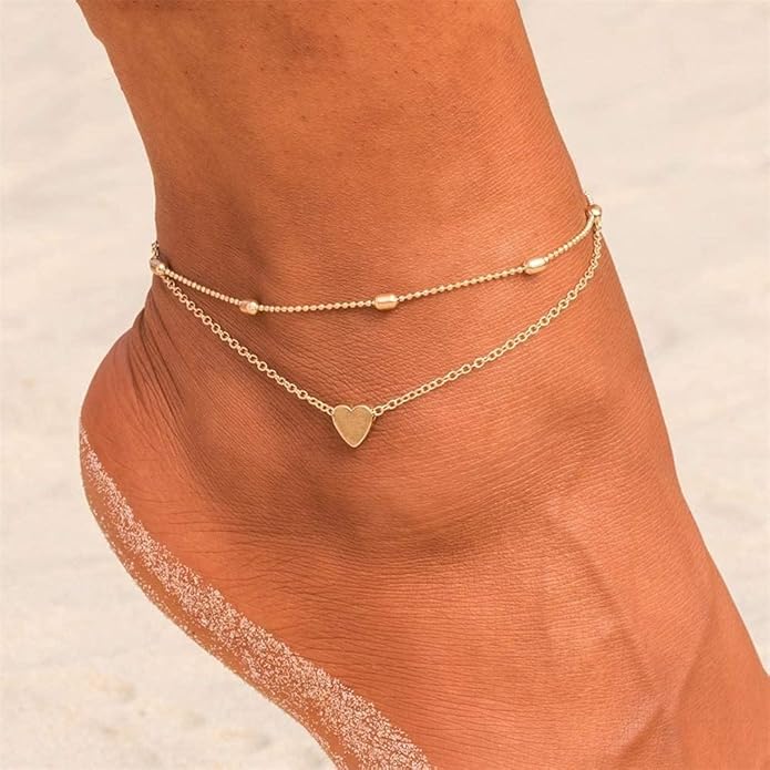 MIDEEO Gold/Silver Ankle Bracelets for Women,14K Gold Anklets for Women Waterproof Cuban Link Heart Beads Herringbone Rhinestone Anklets Set Layered Anklet Bracelets for Women Gold Jewelry Gift