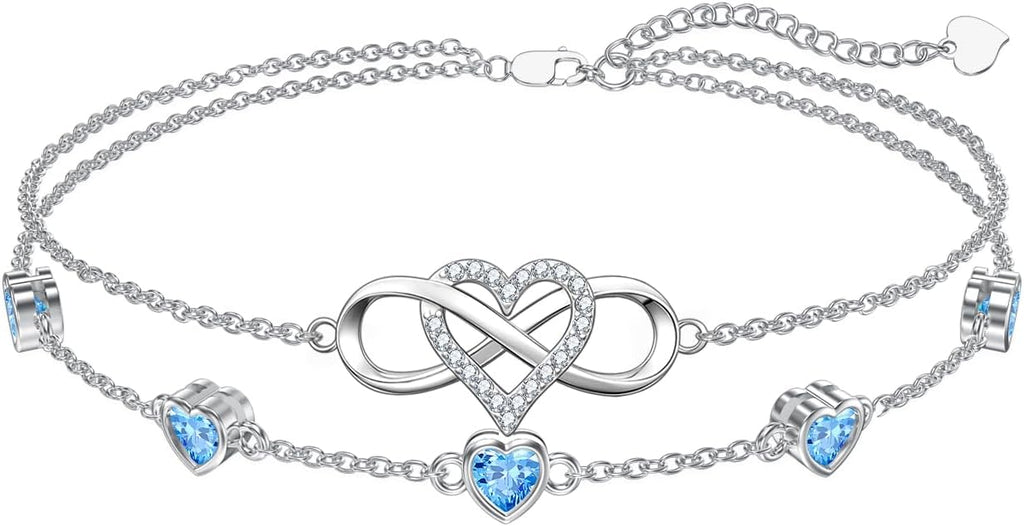 Dorunmo 925 Sterling Silver Infinity Heart Birthstone Anklet Bracelets for Women Best Mother's Day Birthday Jewelry for Wife Girlfriend Mom Her