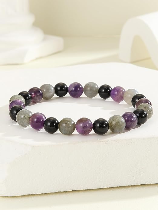 Crytsal Vibe Ultimate Protection Bracelet - Labradorite – Amethyst – Black Tourmaline - 8mm Beaded Bracelet for Protection - Elastic Adjustable Size