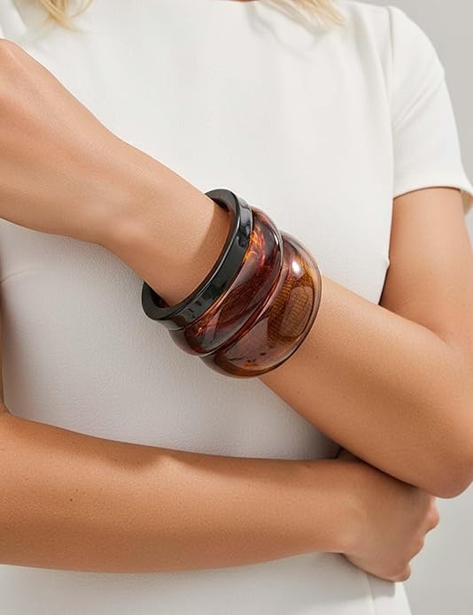Chunky Resin Bracelet for Women Vintage Tortoiseshell Resin Bangle Bracelets Set Wide Acetate Wristband Acrylic Bracelet Statement Jewelry