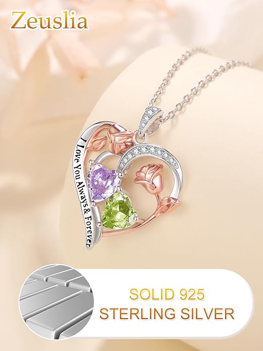 Valentine's Day Gifts for Wife 925 Sterling Silver Double Birthstone Pendant Necklaces I Love You for Always and Forever Necklace Anniversary Birthday Gifts for Wife Girlfriend Mom Her