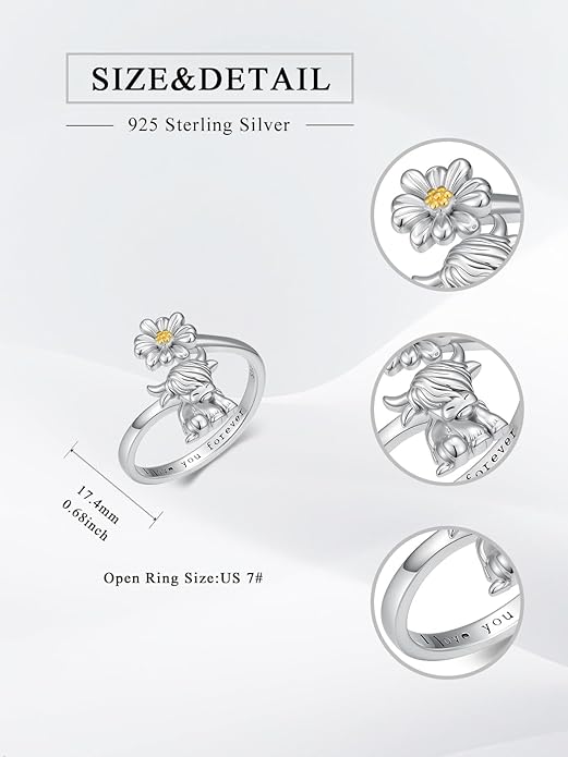 Animal Open Ring 925 Sterling Silver Koala/Panda/Highland Cow/Elephant Adjustable Ring Cute Animal Daisy Jewelry Gifts for Women