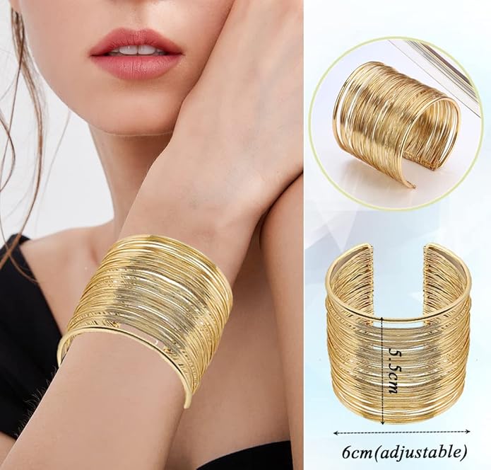 FIRAZIO 2-8 Pcs Cuff Bangle Bracelet for Women Open Wide Wire Bracelets Golden Wrist Cuff Wrap Bracelet Adjustable