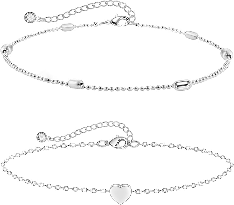 MIDEEO Gold/Silver Ankle Bracelets for Women,14K Gold Anklets for Women Waterproof Cuban Link Heart Beads Herringbone Rhinestone Anklets Set Layered Anklet Bracelets for Women Gold Jewelry Gift